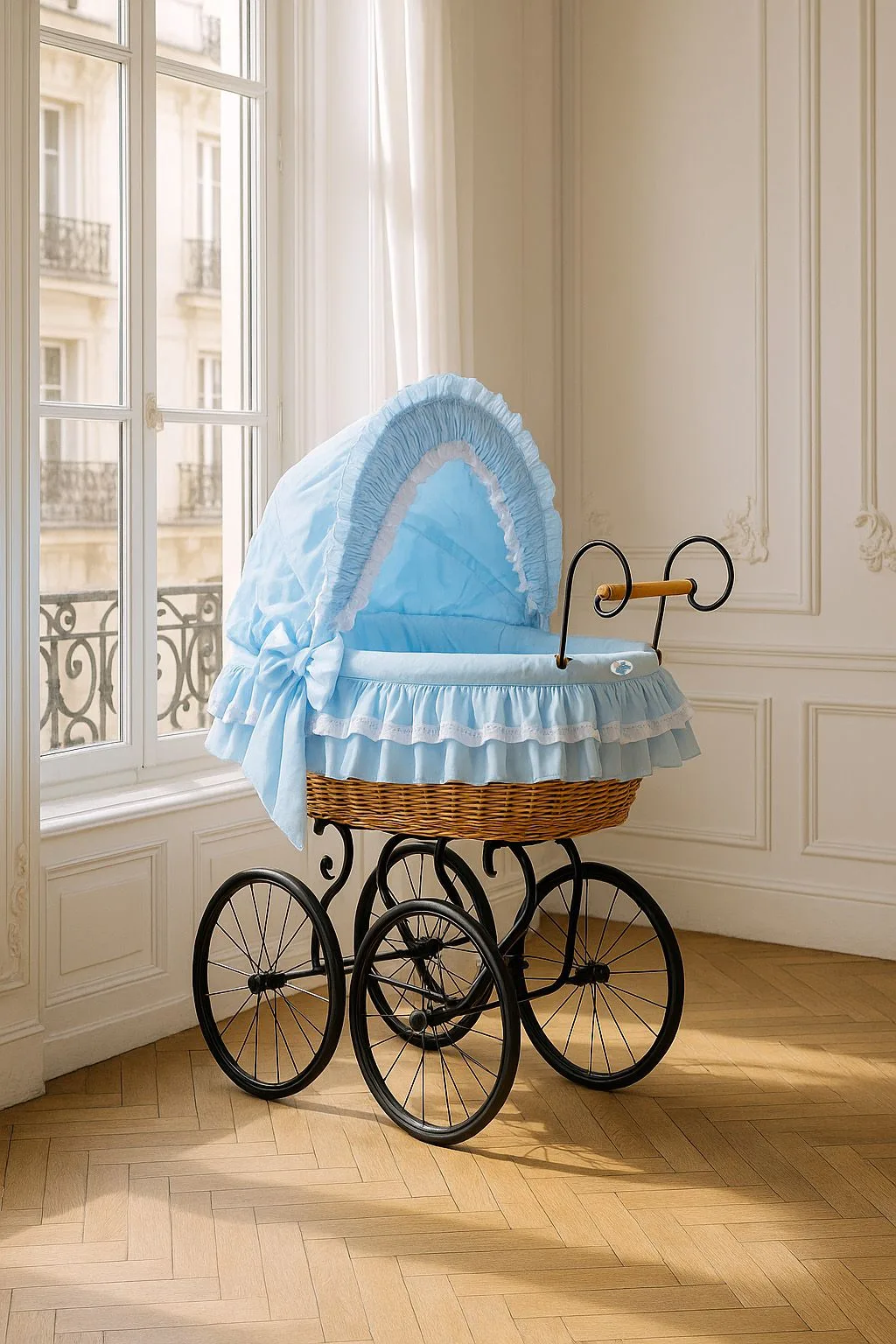 Moses Basket Wicker hood crib Retro wicker crib Victoria - natural + blue bedding 4