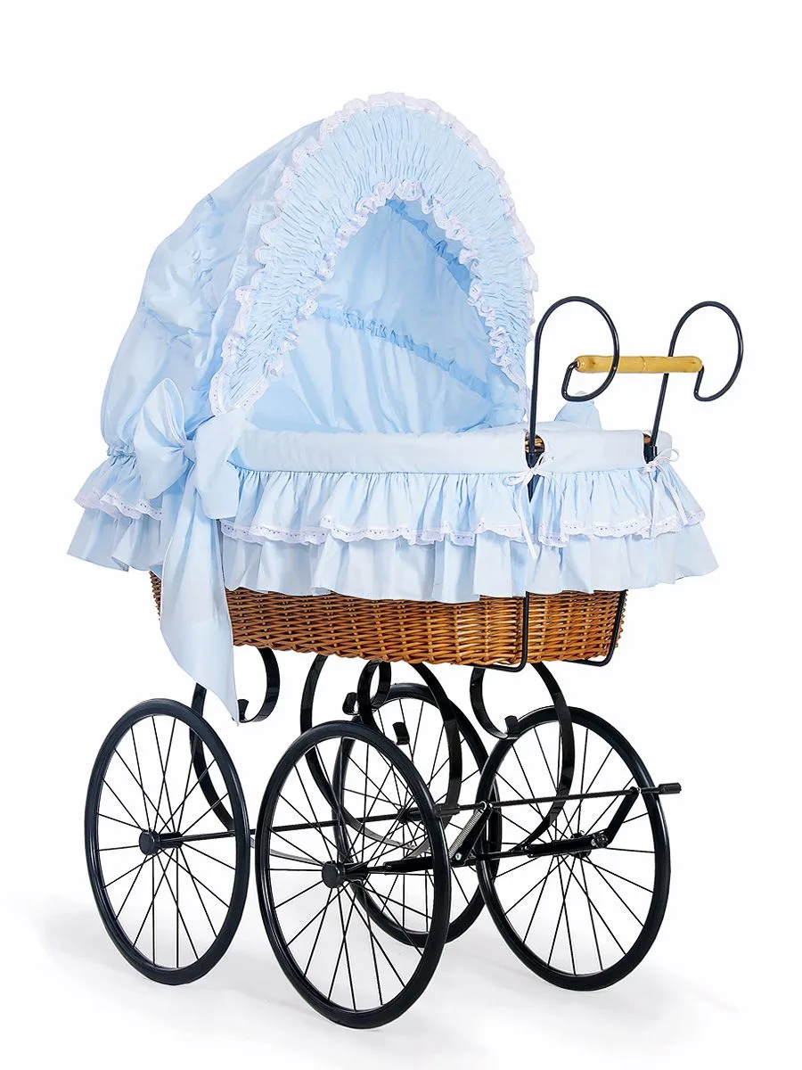 Moses Basket Wicker hood crib Retro wicker crib Victoria - natural + blue bedding