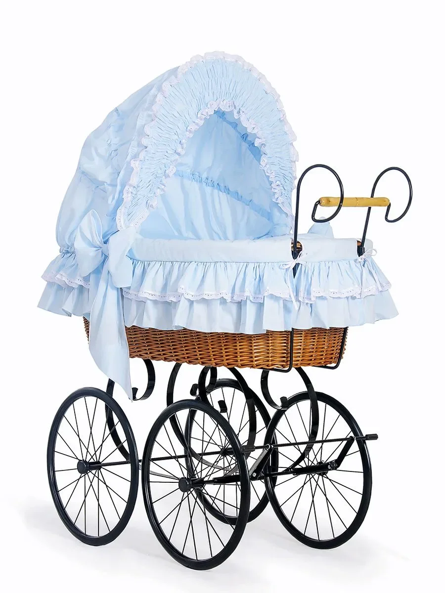 Moses Basket Wicker hood crib Retro wicker crib Victoria - natural + blue bedding