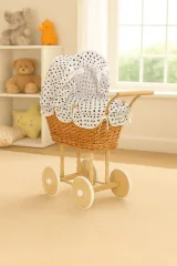 Wicker dolls' pram with white-black bedding and padding NATALIA natural 4