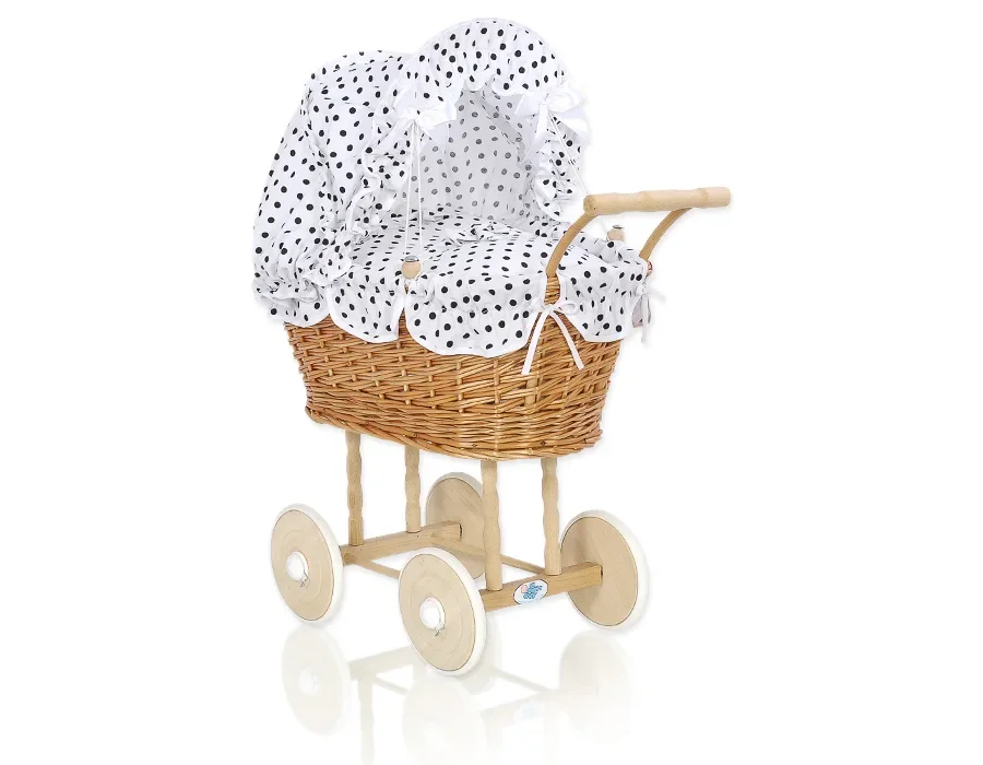 Wicker dolls' pram with white-black bedding and padding NATALIA natural