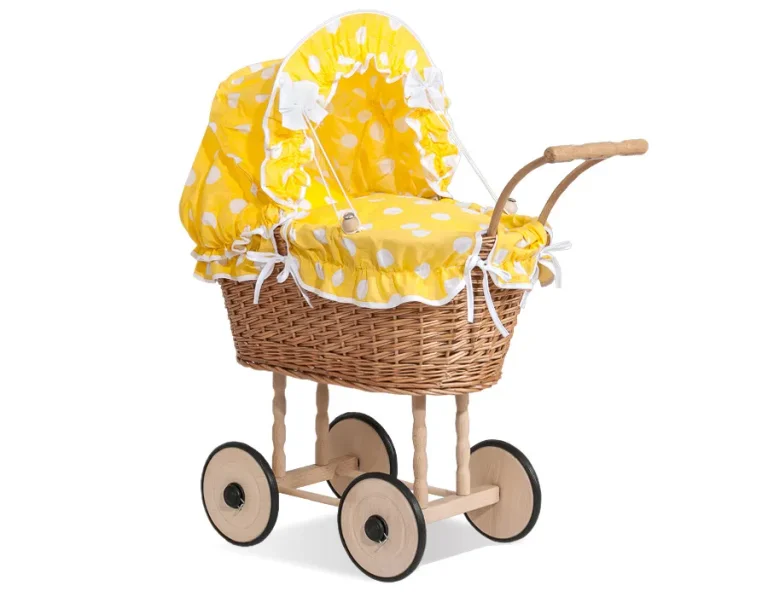 Wicker dolls' pram with yellow bedding and padding NATALIA natural