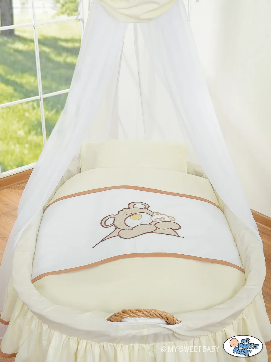 Moses Basket Wicker drape crib Teddy Bear Barnaba - natural + cream bedding 2