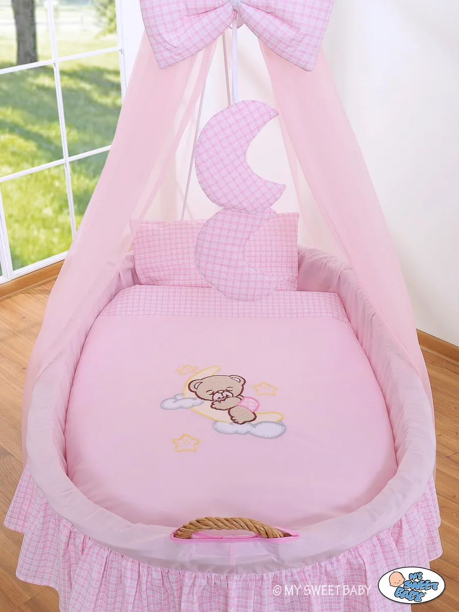 Moses Basket Wicker drape crib Good night - natural + pink bedding 2