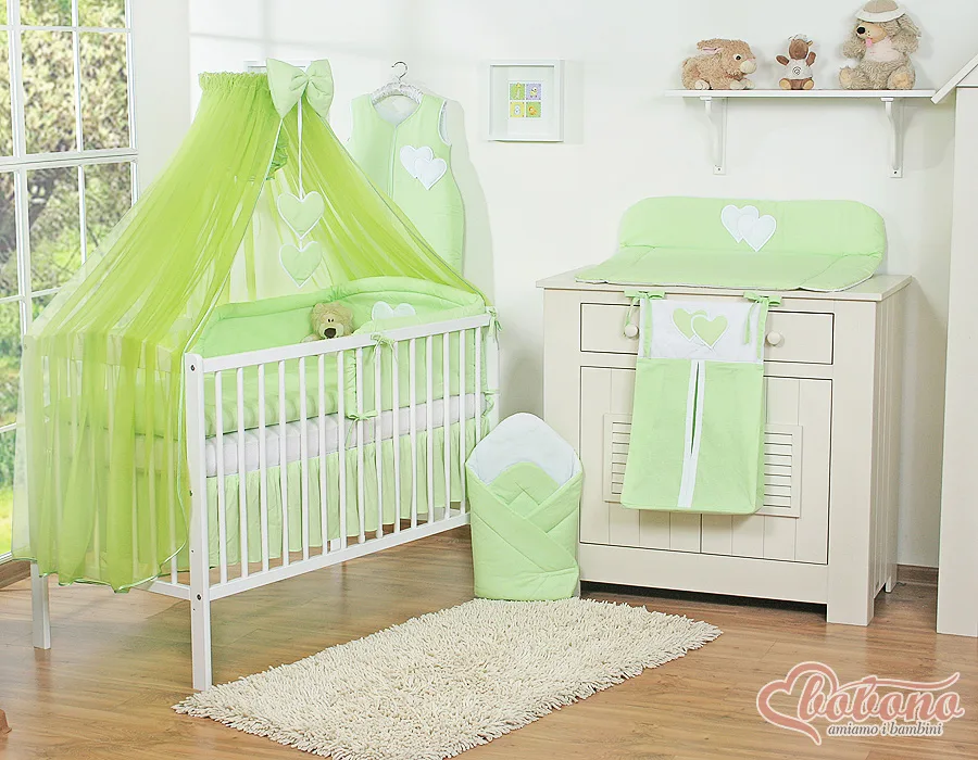 Large mosquito net for baby's bed made of chiffon with hanging hearts and a bow - green 2