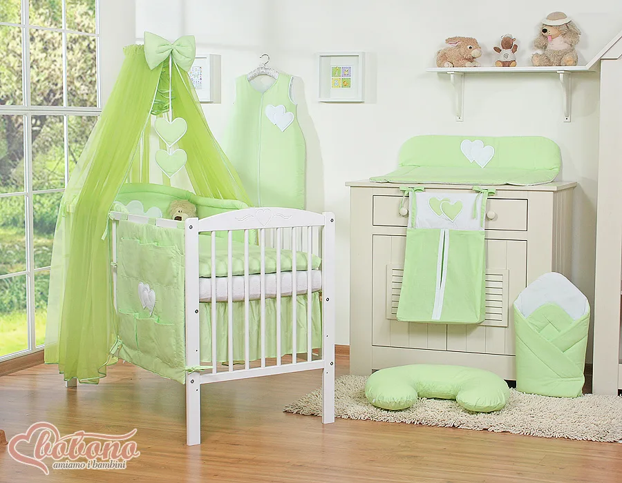 Large mosquito net for baby's bed made of chiffon with hanging hearts and a bow - green 3