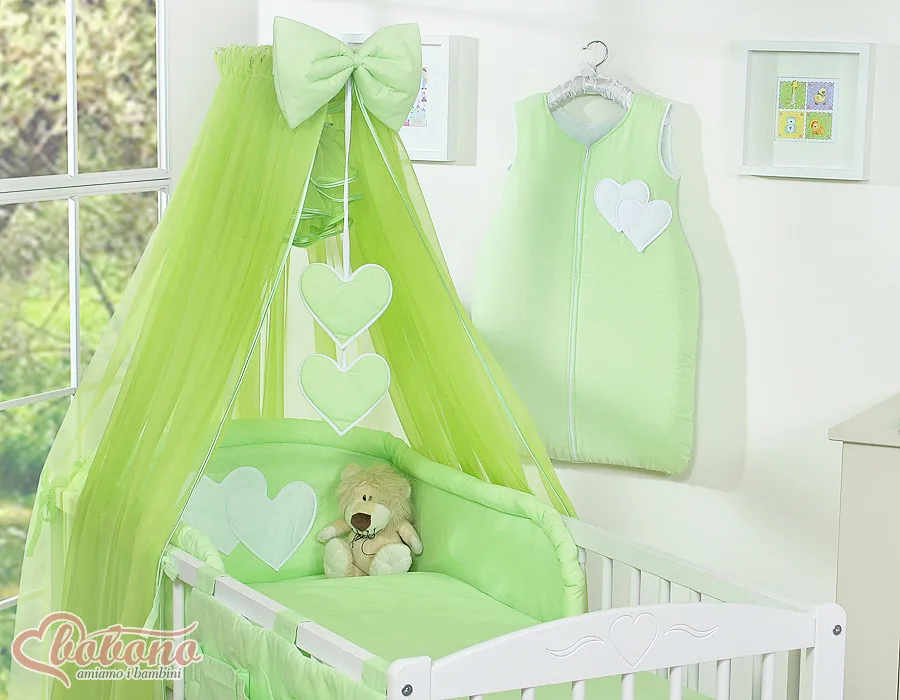 Large mosquito net for baby's bed made of chiffon with hanging hearts and a bow - green 4