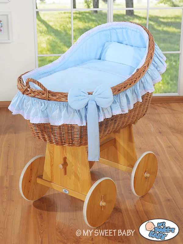 Moses Basket Wicker hood crib Carina - natural + blue bedding 2