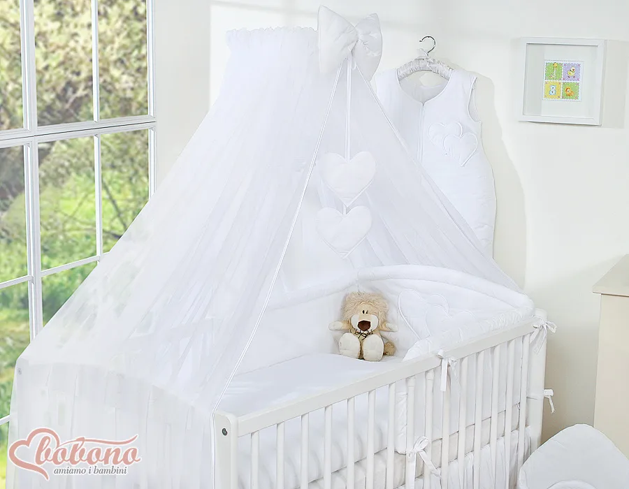 Large mosquito net for baby's bed made of chiffon with hanging hearts and a bow - white