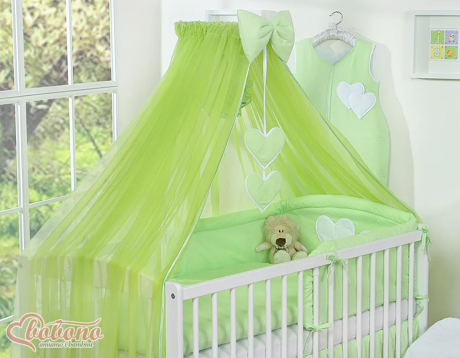 Large mosquito net for baby's bed made of chiffon with hanging hearts and a bow - green