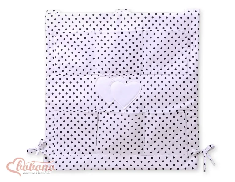 Cot tidy-  Hanging hearts black dots on white