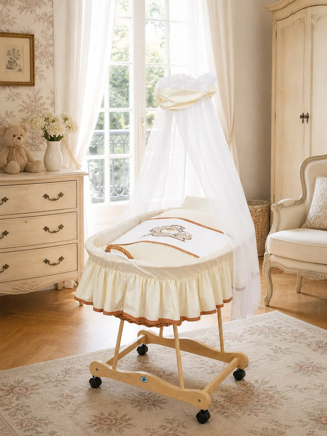 Moses Basket Wicker drape crib Teddy Bear Barnaba - natural + cream bedding 3