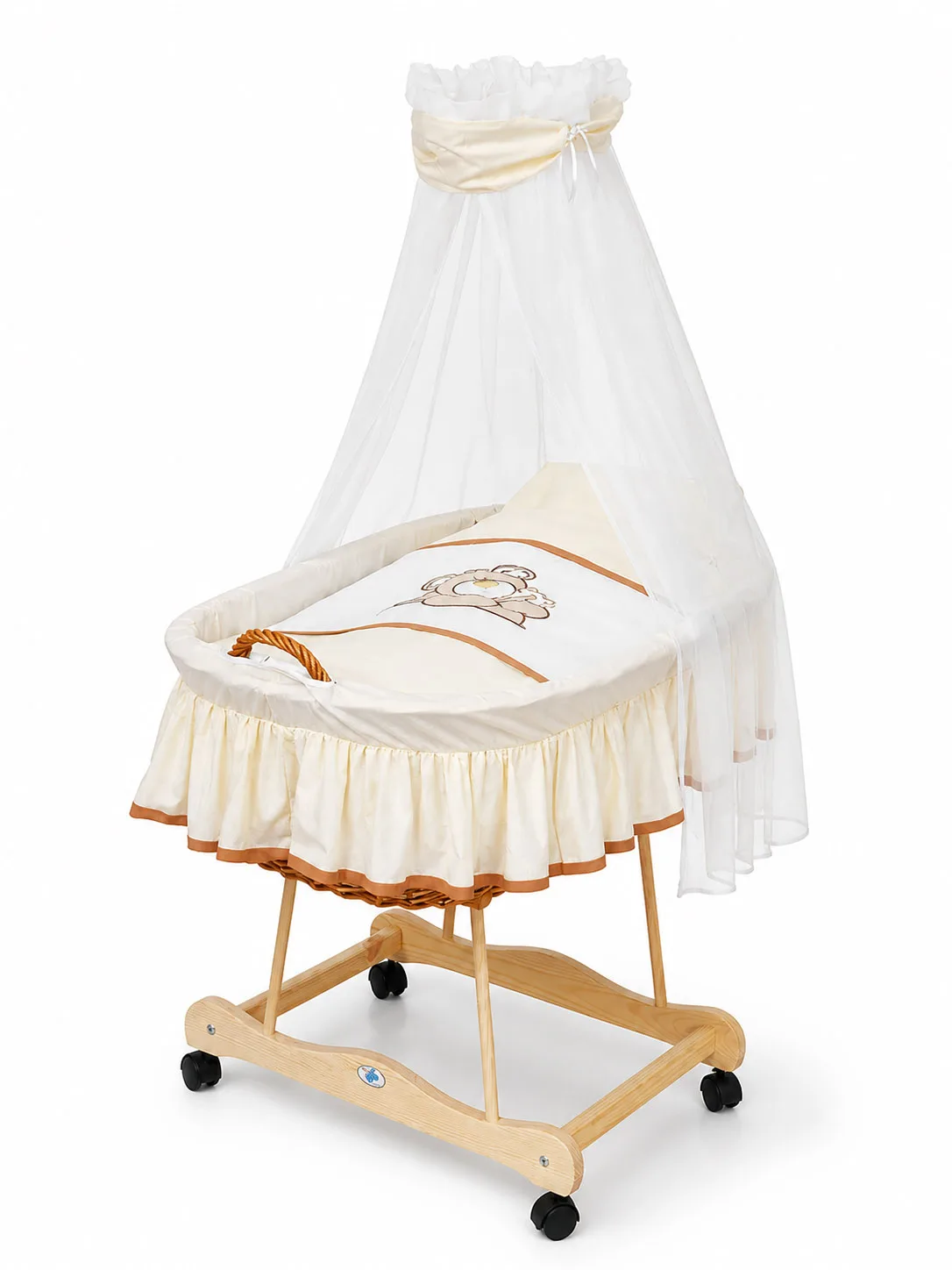 Moses Basket Wicker drape crib Teddy Bear Barnaba - natural + cream bedding