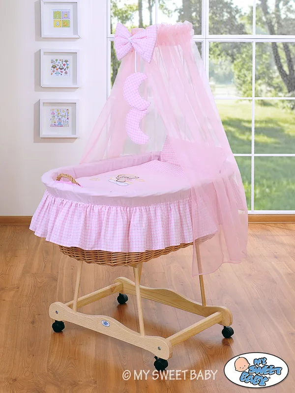 Moses Basket Wicker drape crib Good night - natural + pink bedding 3
